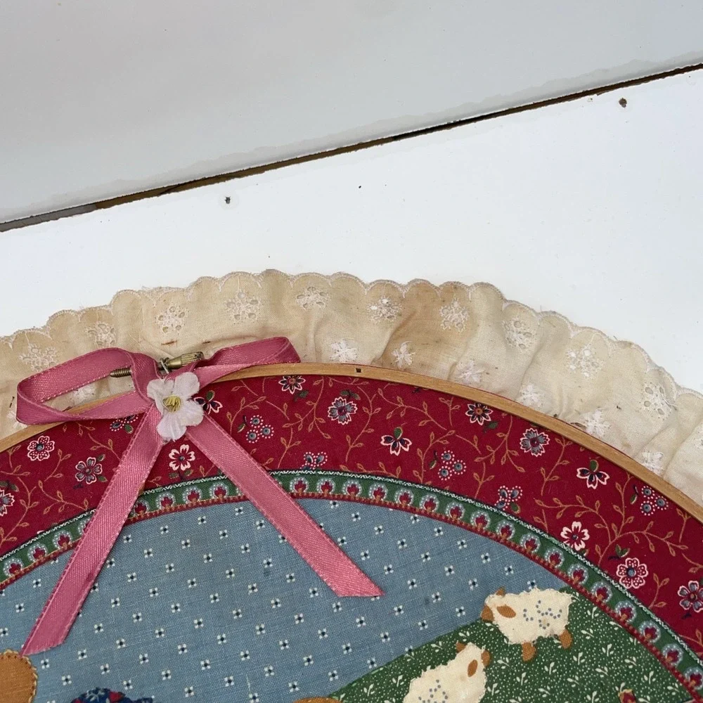 Vintage 1990s Round Country Farm Girl Wall Hanging Grannycore Lace Trim Framed